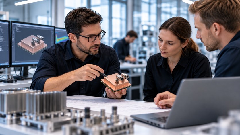 Engineering team developing liquid cooling solutions